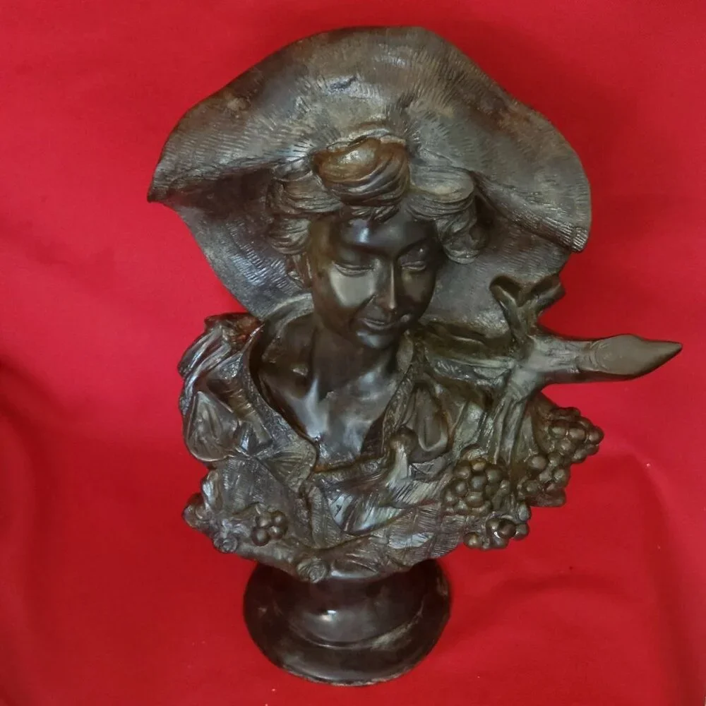 Maitland Smith Large Metal Brass Bust Lady of the Grapes Sculpture 14 Inches Tal